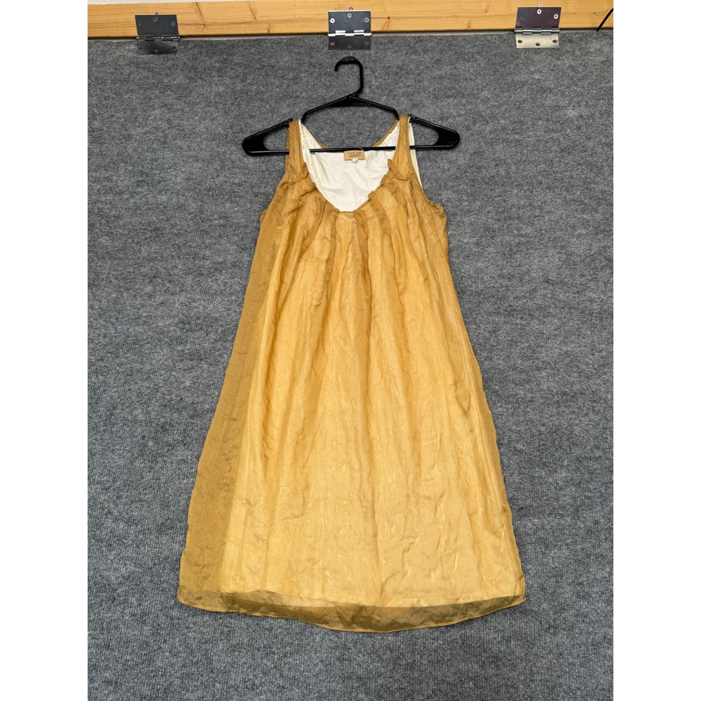 Piko 1988 Women Golden Mustard Yellow 100% Silk Ruffle V-Neck Shift Dress Sz S